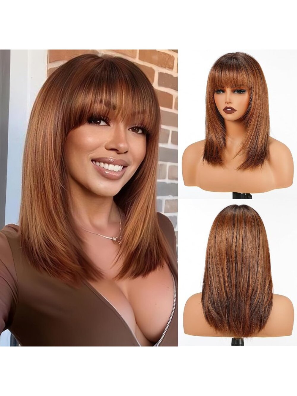 Women's 16 Inch Honey Brown Highlight Wig Bangs Layered Straight Shoulder Length